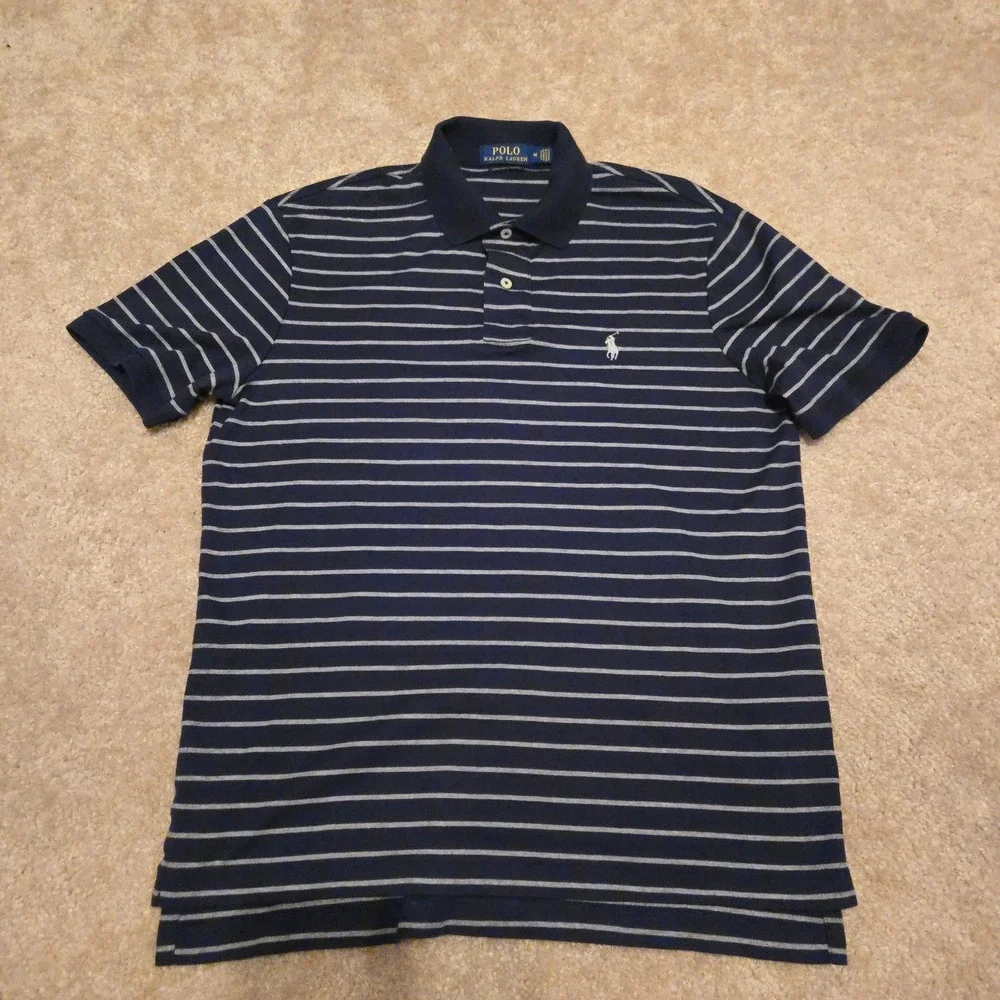 Polo Ralph Lauren Polo Shirt Mens Medium Blue Gray Striped Pima Cotton Pony Logo